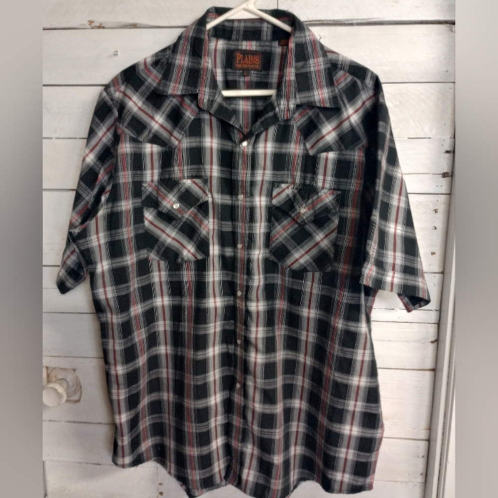 Plains Western Wear Men’s Pearl Snap Shirt Large Black Red Plaid Short Sleeve